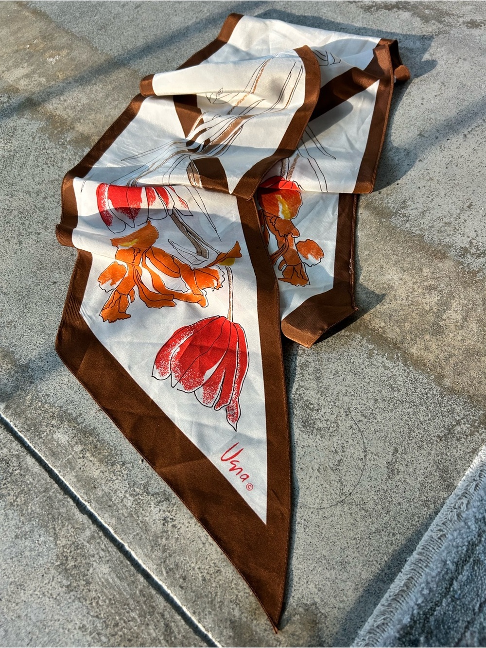 Ina Floral Silk Scarf - White, Brown, Red & Orange